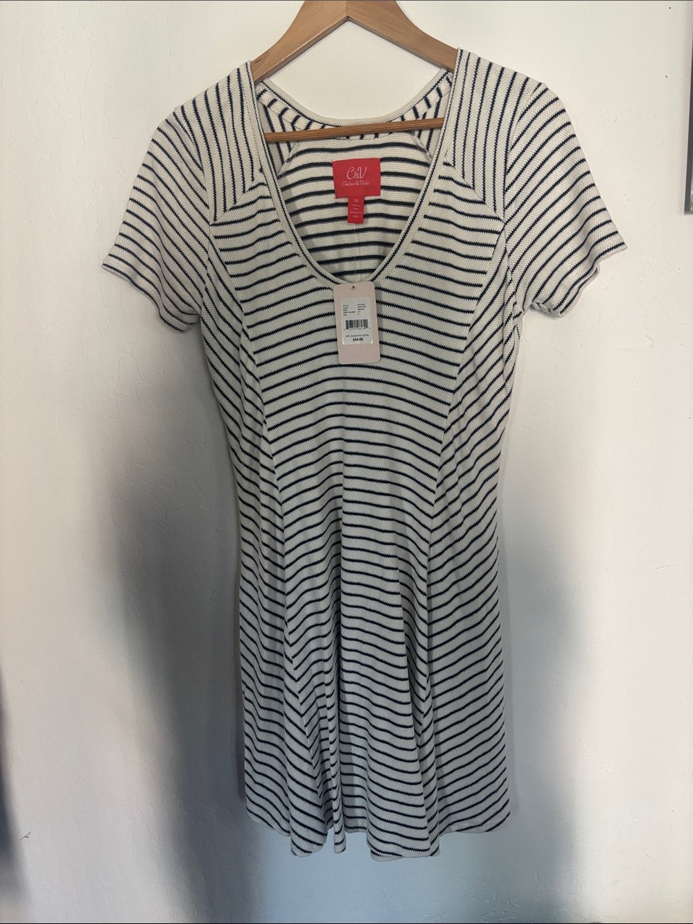 White and Black Striped V-Neck Knit Dress